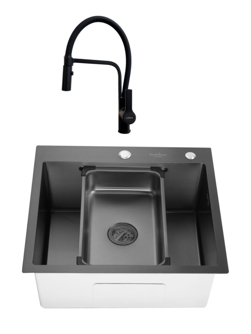 SET Chiuveta 55x50cm din inox SanDonna HD5550 cu tavita si dozator + Baterie SanDonna ANDRA cu pipa flexibila - Negru Total SET Chiuveta 55x50cm din inox SanDonna HD5550 cu tavita si dozator + Baterie SanDonna ANDRA cu pipa flexibila - Negru Total