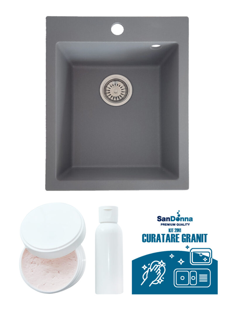 SET Chiuveta din granit compozit SanDonna Vesta + Kit de curatare 2in1 format din pasta si ulei impregnant - Gri SET Chiuveta din granit compozit SanDonna Vesta + Kit de curatare 2in1 format din pasta si ulei impregnant - Gri
