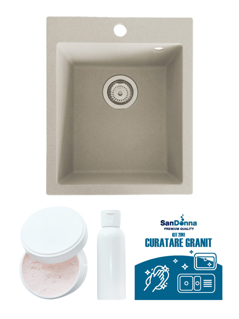 SET Chiuveta din granit compozit SanDonna Vesta + Kit de curatare 2in1 format din pasta si ulei impregnant - Bej