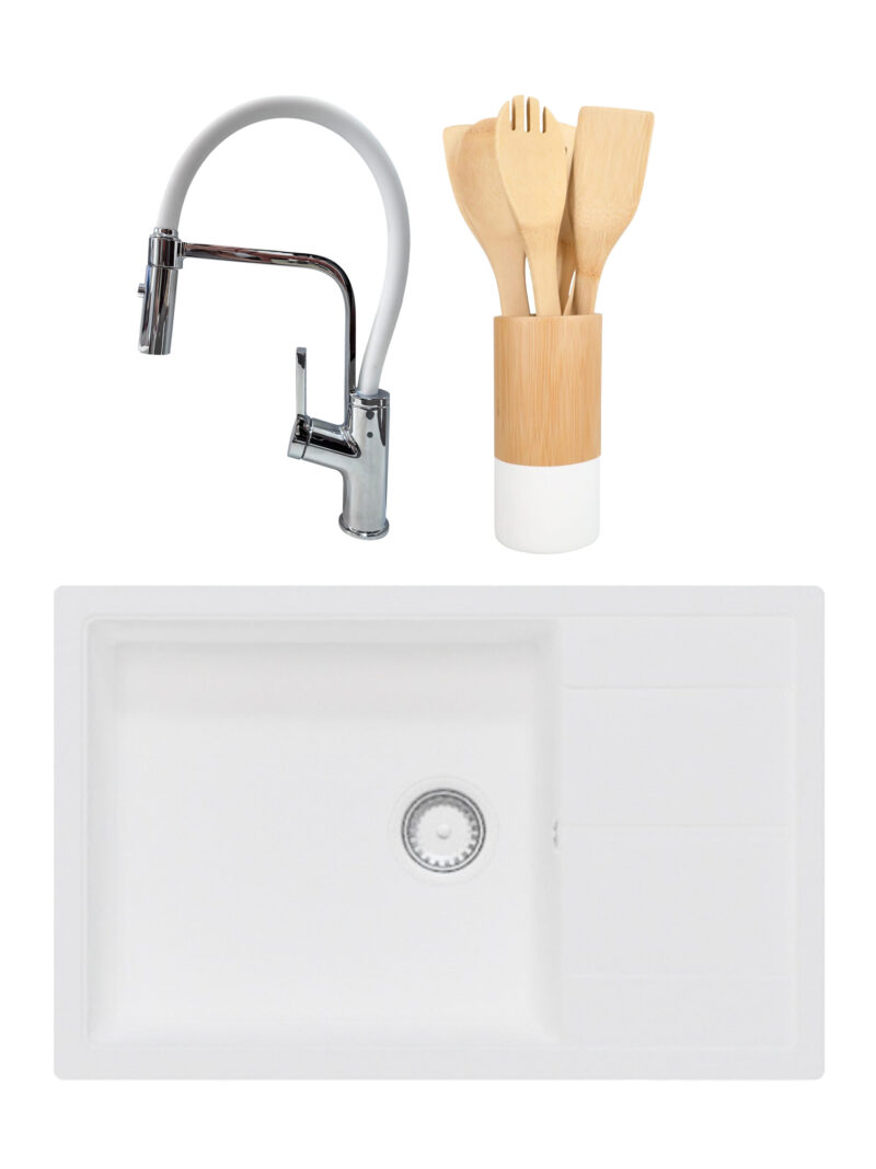 SET Chiuveta granit compozit SanDonna Ewelina alb + Baterie flexibila Andra alb + ustensile de bucatarie din bambus SET Chiuveta granit compozit SanDonna Ewelina alb + Baterie flexibila Andra alb + ustensile de bucatarie din bambus