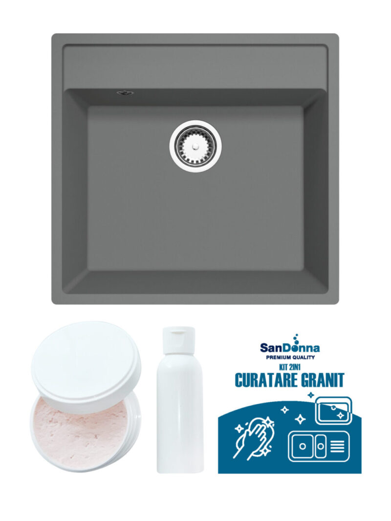 SET Chiuveta din granit compozit SanDonna Emma + Kit de curatare 2in1 format din pasta si ulei impregnant - Gri