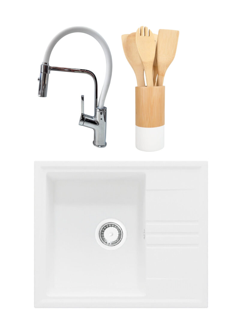 SET Chiuveta granit compozit SanDonna Alina alb + Baterie flexibila Andra alb + ustensile de bucatarie din bambus