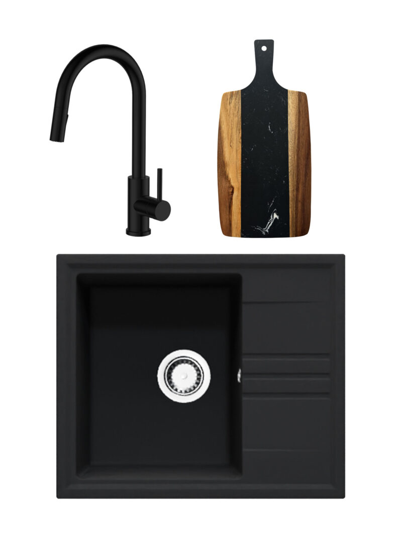 SET Chiuveta granit compozit SanDonna Alina + Baterie Amelia cu dus extractabil + tocator din marmura si lemn