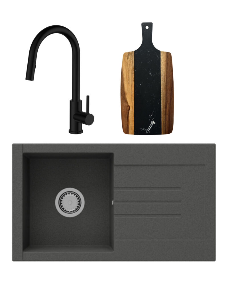 SET Chiuveta granit compozit SanDonna Arona + Baterie Amelia cu dus extractabil + tocator din marmura si lemn