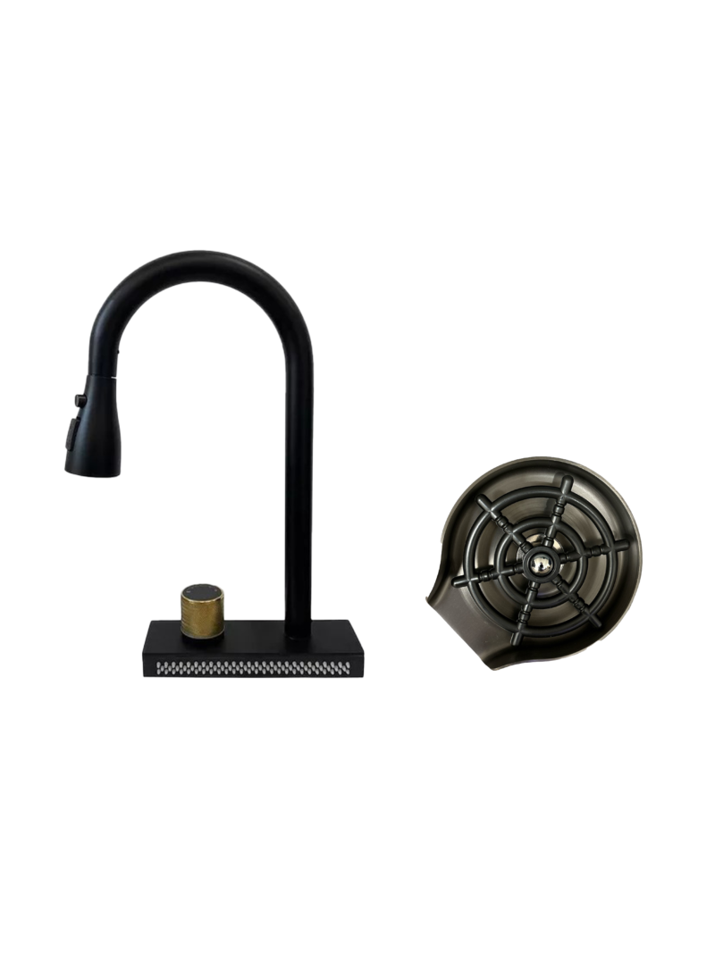 Set baterie SanDonna Aster cu dus extractabil cu 3 tipuri de curgere si cascada + spalator de pahare din inox - Negru Set baterie SanDonna Aster cu dus extractabil cu 3 tipuri de curgere si cascada + spalator de pahare din inox - Negru