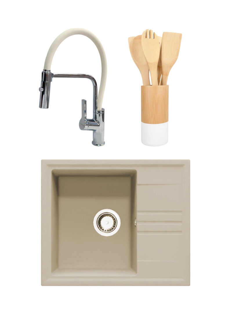 SET Chiuveta granit compozit SanDonna Alina bej + Baterie flexibila Andra bej + ustensile de bucatarie din bambus SET Chiuveta granit compozit SanDonna Alina bej + Baterie flexibila Andra bej + ustensile de bucatarie din bambus