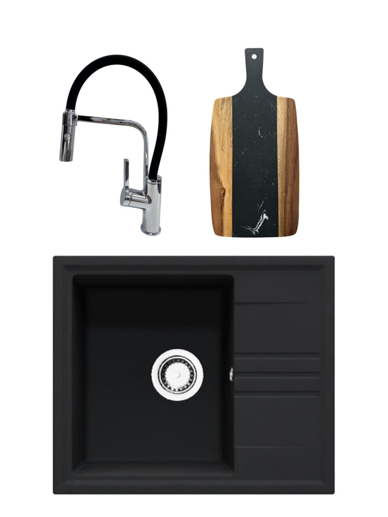 SET Chiuveta granit compozit SanDonna Alina + Baterie flexibila Andra negru + tocator din marmura si lemn negru cu maner SET Chiuveta granit compozit SanDonna Alina + Baterie flexibila Andra negru + tocator din marmura si lemn negru cu maner