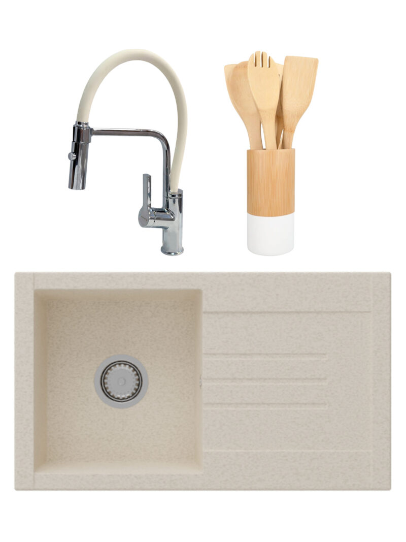SET Chiuveta granit compozit SanDonna Arona bej + Baterie flexibila Andra bej + ustensile de bucatarie din bambus