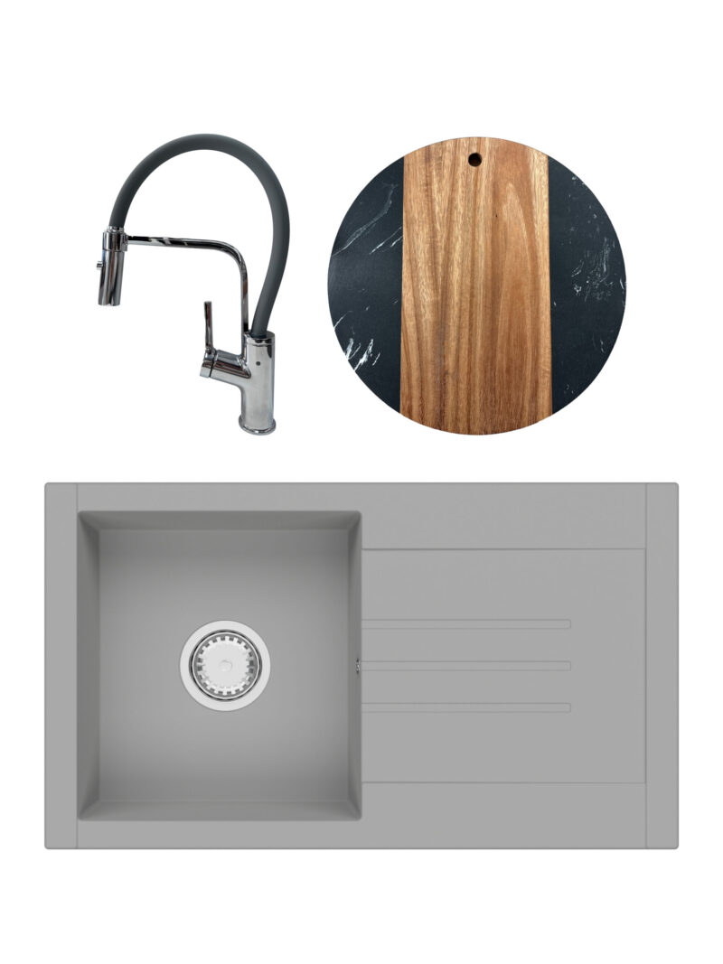 SET Chiuveta granit compozit SanDonna Arona gri + Baterie flexibila Andra gri + tocator din marmura si lemn rotund negru SET Chiuveta granit compozit SanDonna Arona gri + Baterie flexibila Andra gri + tocator din marmura si lemn rotund negru