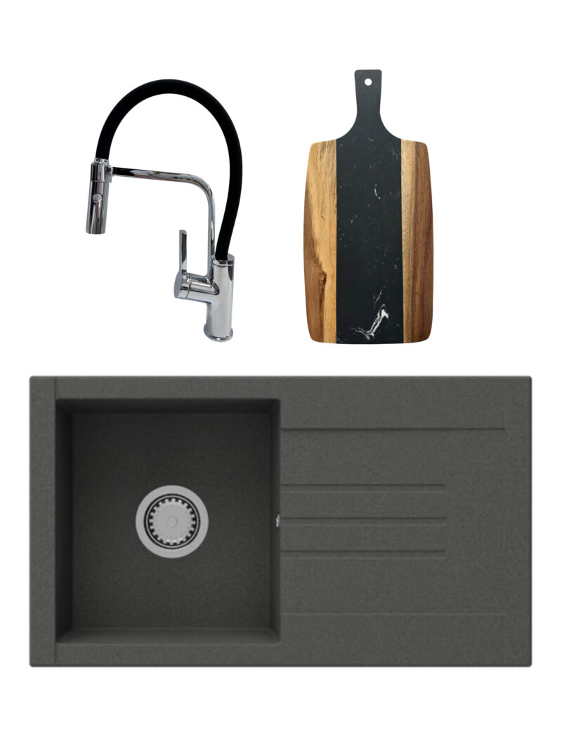 SET Chiuveta granit compozit SanDonna Arona negru + Baterie flexibila Andra negru + tocator din marmura si lemn negru cu maner