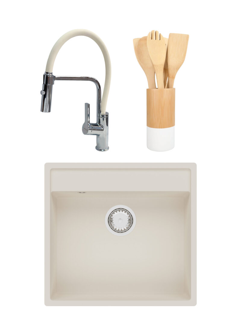 SET Chiuveta granit compozit SanDonna Emma bej + Baterie flexibila Andra bej + ustensile de bucatarie din bambus