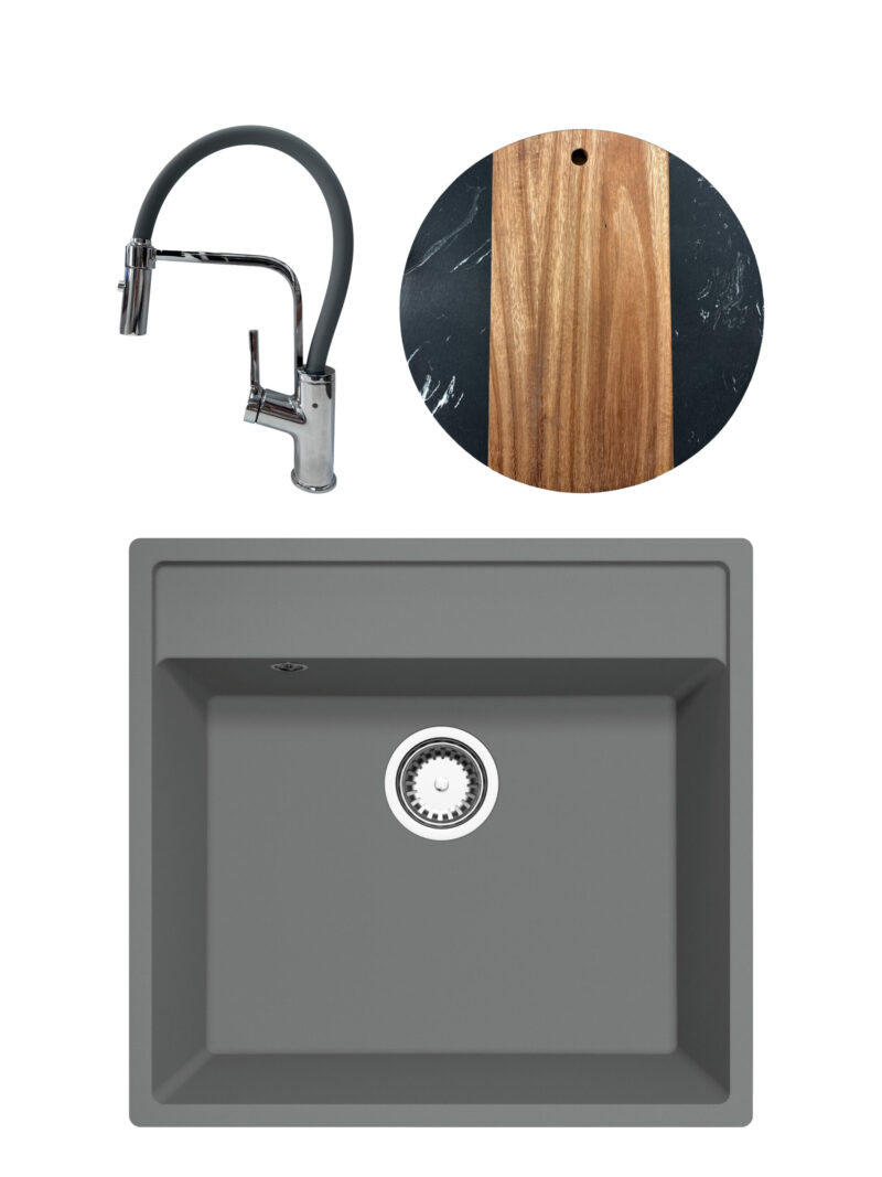 SET Chiuveta granit compozit SanDonna Emma gri + Baterie flexibila Andra gri + tocator din marmura si lemn rotund negru SET Chiuveta granit compozit SanDonna Emma gri + Baterie flexibila Andra gri + tocator din marmura si lemn rotund negru