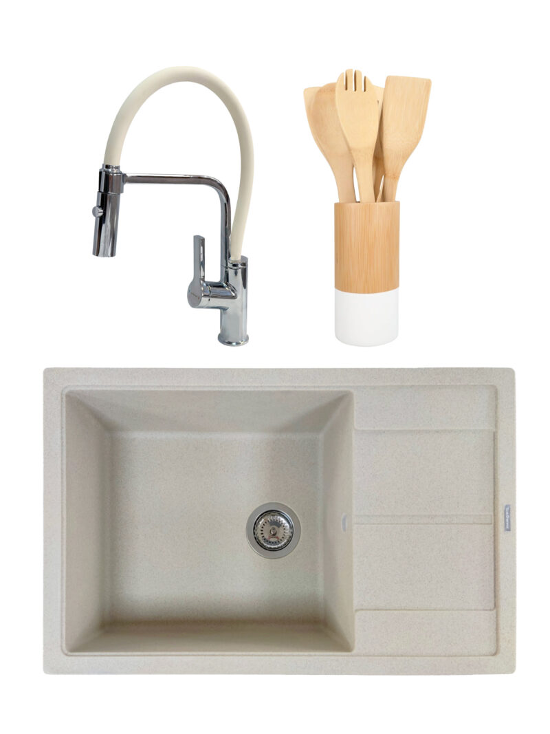 SET Chiuveta granit compozit SanDonna Ewelina bej + Baterie flexibila Andra bej + ustensile de bucatarie din bambus