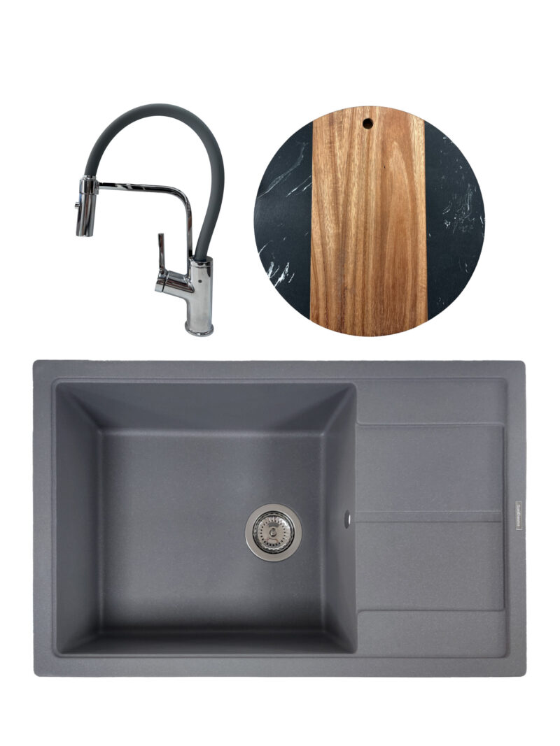 SET Chiuveta granit compozit SanDonna Ewelina gri + Baterie flexibila Andra gri + tocator din marmura si lemn rotund negru