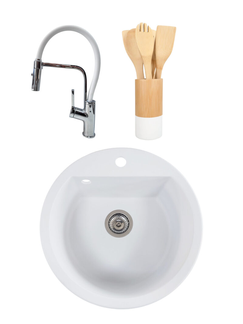 SET Chiuveta granit compozit SanDonna Lena alb + Baterie flexibila Andra alb + ustensile de bucatarie din bambus SET Chiuveta granit compozit SanDonna Lena alb + Baterie flexibila Andra alb + ustensile de bucatarie din bambus