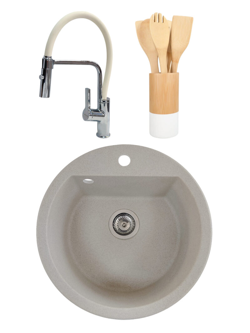 SET Chiuveta granit compozit SanDonna Lena bej + Baterie flexibila Andra bej + ustensile de bucatarie din bambus