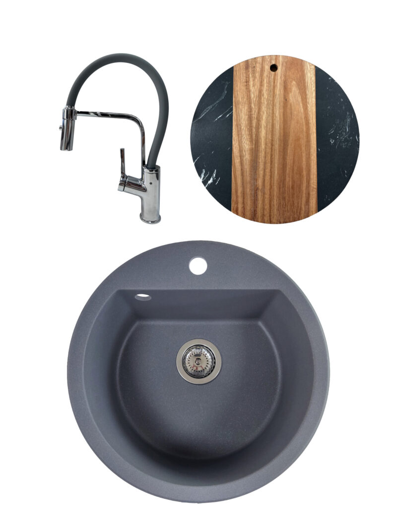 SET Chiuveta granit compozit SanDonna Lena gri + Baterie flexibila Andra gri + tocator din marmura si lemn rotund negru