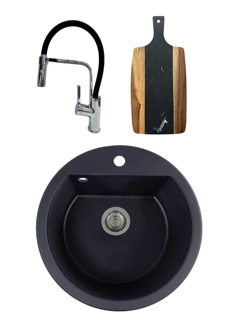 SET Chiuveta granit compozit SanDonna Lena negru + Baterie flexibila Andra negru + tocator din marmura si lemn negru cu maner SET Chiuveta granit compozit SanDonna Lena negru + Baterie flexibila Andra negru + tocator din marmura si lemn negru cu maner