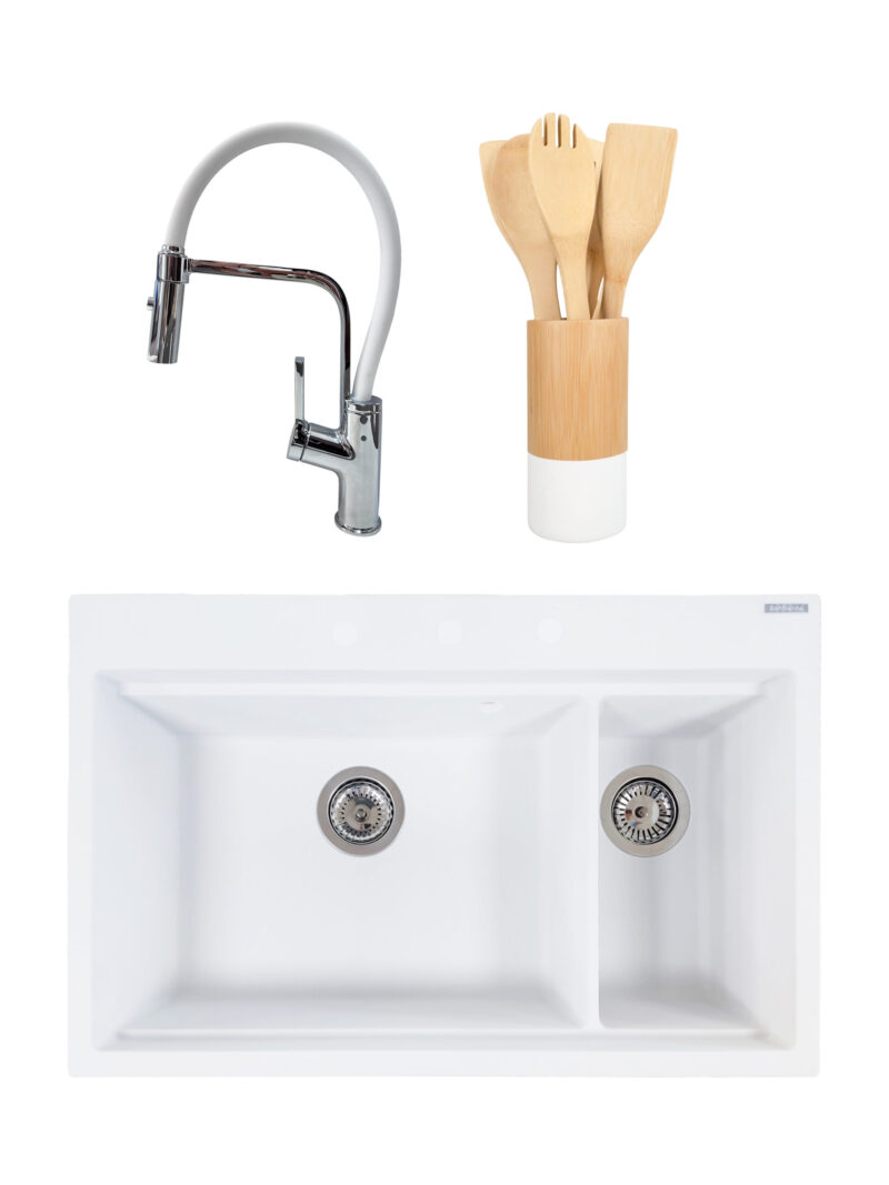 SET Chiuveta granit compozit SanDonna Magdalena alb + Baterie flexibila Andra alb + ustensile de bucatarie din bambus SET Chiuveta granit compozit SanDonna Magdalena alb + Baterie flexibila Andra alb + ustensile de bucatarie din bambus