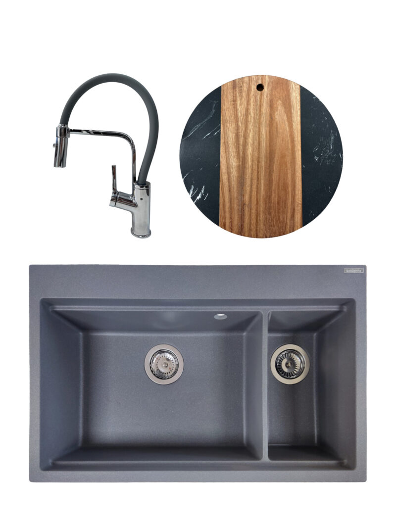 SET Chiuveta granit compozit SanDonna Magdalena gri + Baterie flexibila Andra gri + tocator din marmura si lemn rotund negru SET Chiuveta granit compozit SanDonna Magdalena gri + Baterie flexibila Andra gri + tocator din marmura si lemn rotund negru
