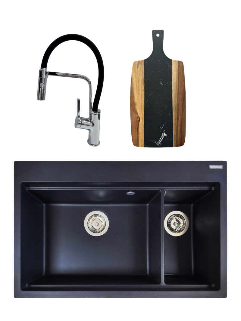 SET Chiuveta granit compozit SanDonna Magdalena negru cu 2 cuve + Baterie flexibila Andra negru + tocator din marmura si lemn negru cu maner