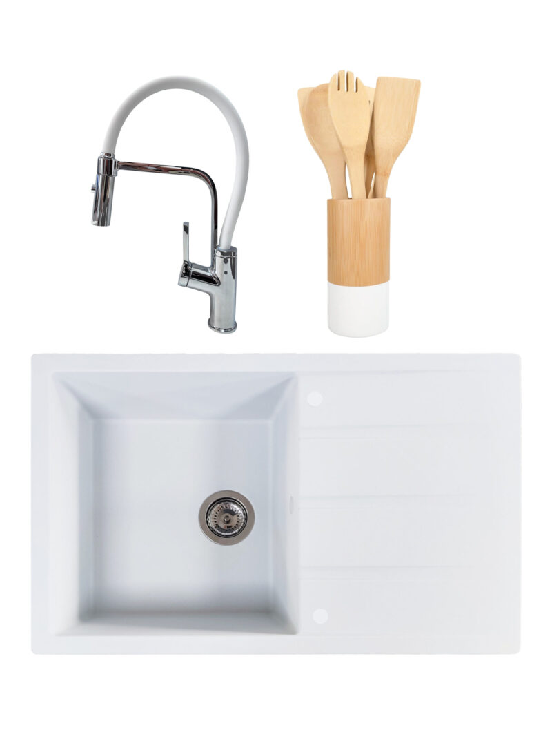 SET Chiuveta granit compozit SanDonna Paullina alb + Baterie flexibila Andra alb + ustensile de bucatarie din bambus