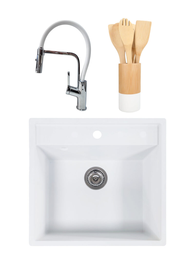 SET Chiuveta granit compozit SanDonna Selena alb + Baterie flexibila Andra alb + ustensile de bucatarie din bambus SET Chiuveta granit compozit SanDonna Selena alb + Baterie flexibila Andra alb + ustensile de bucatarie din bambus