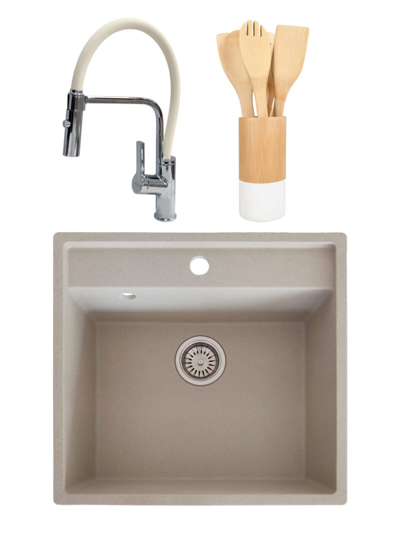 SET Chiuveta granit compozit SanDonna Selena bej + Baterie flexibila Andra bej + ustensile de bucatarie din bambus SET Chiuveta granit compozit SanDonna Selena bej + Baterie flexibila Andra bej + ustensile de bucatarie din bambus