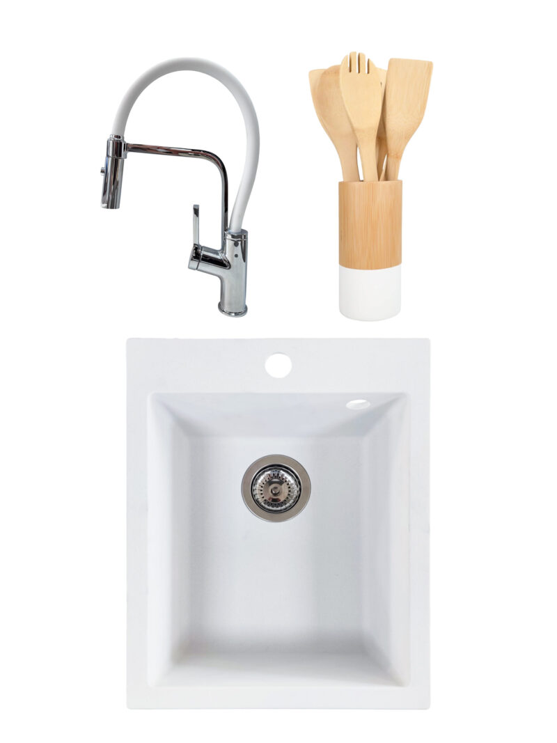SET Chiuveta granit compozit SanDonna Vesta alb + Baterie flexibila Andra alb + ustensile de bucatarie din bambus SET Chiuveta granit compozit SanDonna Vesta alb + Baterie flexibila Andra alb + ustensile de bucatarie din bambus