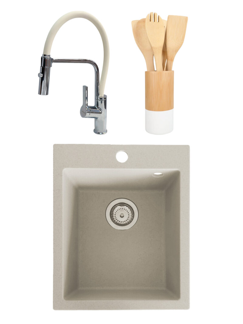 SET Chiuveta granit compozit SanDonna Vesta bej + Baterie flexibila Andra bej + ustensile de bucatarie din bambus SET Chiuveta granit compozit SanDonna Vesta bej + Baterie flexibila Andra bej + ustensile de bucatarie din bambus