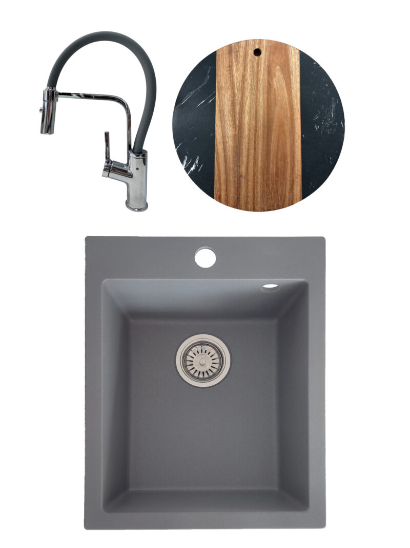 SET Chiuveta granit compozit SanDonna Vesta gri + Baterie flexibila Andra gri + tocator din marmura si lemn rotund negru SET Chiuveta granit compozit SanDonna Vesta gri + Baterie flexibila Andra gri + tocator din marmura si lemn rotund negru