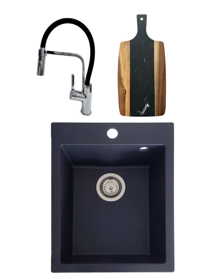 SET Chiuveta granit compozit SanDonna Vesta negru + Baterie flexibila Andra negru + tocator din marmura si lemn negru cu maner