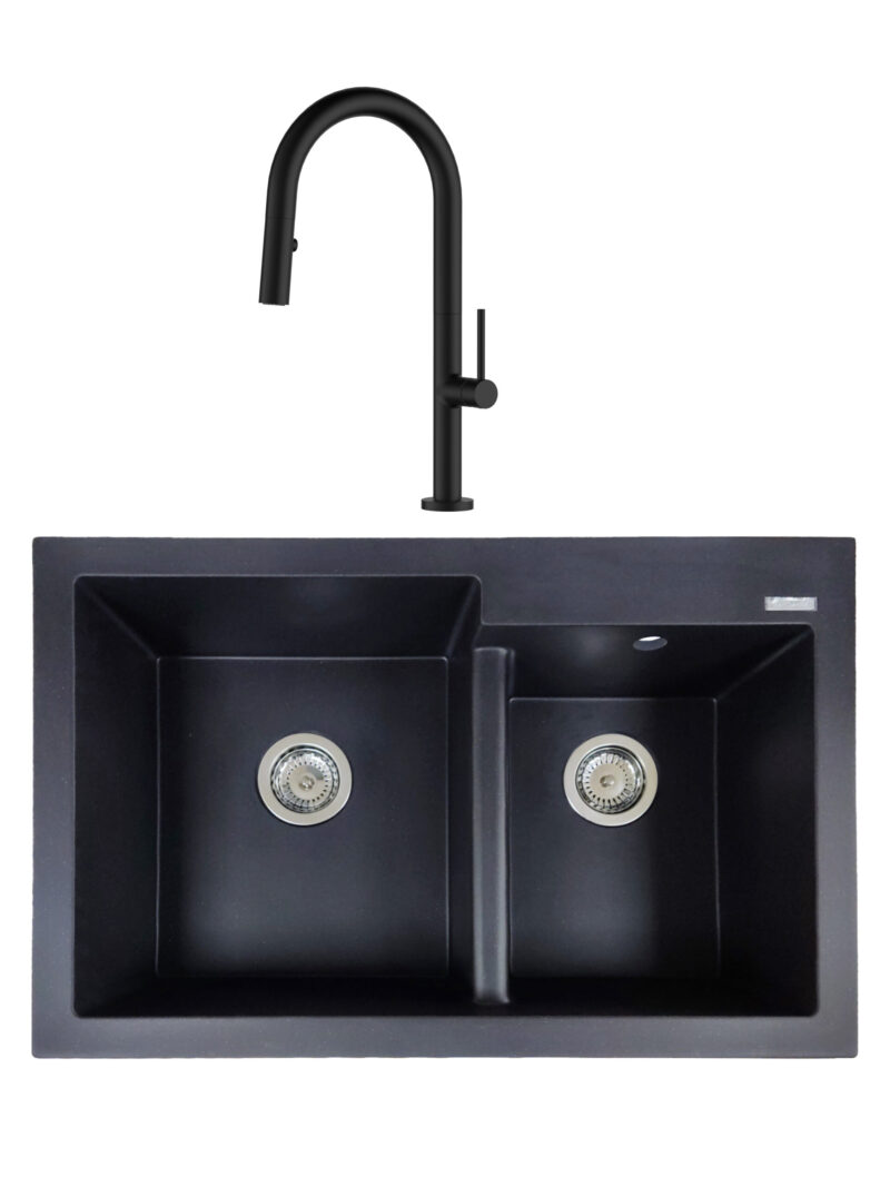 SET Chiuveta granit compozit SanDonna Edyta negru cu 2 cuve + Baterie cu dus extractabil Charlotte negru