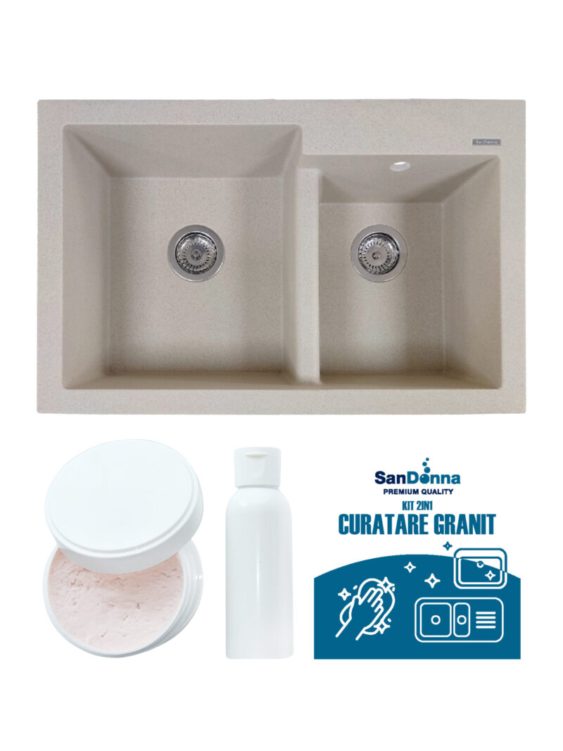 SET Chiuveta din granit compozit SanDonna Edyta + Kit de curatare 2in1 format din pasta si ulei impregnant - Bej SET Chiuveta din granit compozit SanDonna Edyta + Kit de curatare 2in1 format din pasta si ulei impregnant - Bej
