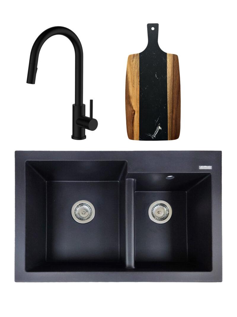 SET Chiuveta granit compozit SanDonna Edyta cu 2 cuve + Baterie Amelia cu dus extractabil + tocator din marmura si lemn