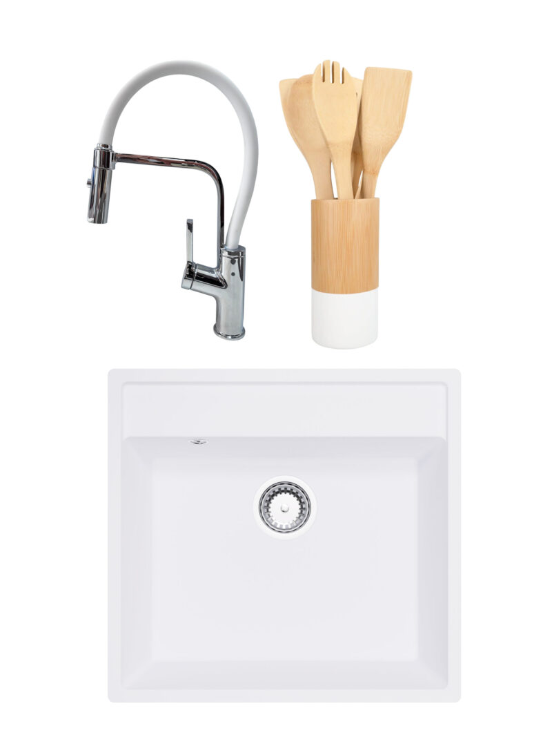 SET Chiuveta granit compozit SanDonna Emma alb + Baterie flexibila Andra alb + ustensile de bucatarie din bambus