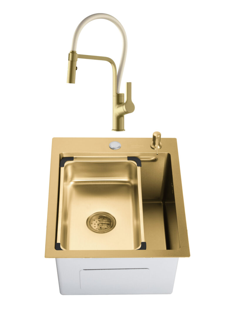SET Chiuveta din inox SanDonna HD4050 aurie cu tavita si dozator + Baterie flexibila SanDonna Andra - Alb-Auriu SET Chiuveta din inox SanDonna HD4050 aurie cu tavita si dozator + Baterie flexibila SanDonna Andra - Alb-Auriu