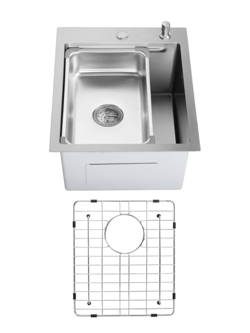 SET Chiuveta din inox SanDonna HD4050 cu tavita si dozator + gratar de protectie din inox pentru cuva - Inox