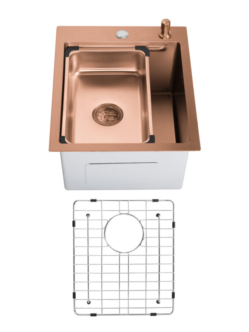 SET Chiuveta din inox SanDonna HD4050 cu tavita si dozator + gratar de protectie din inox pentru cuva - Cupru