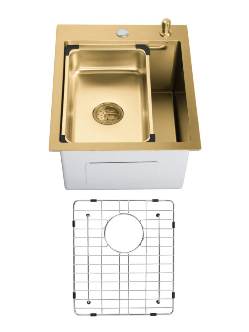 SET Chiuveta din inox SanDonna HD4050 cu tavita si dozator + gratar de protectie din inox pentru cuva - Auriu