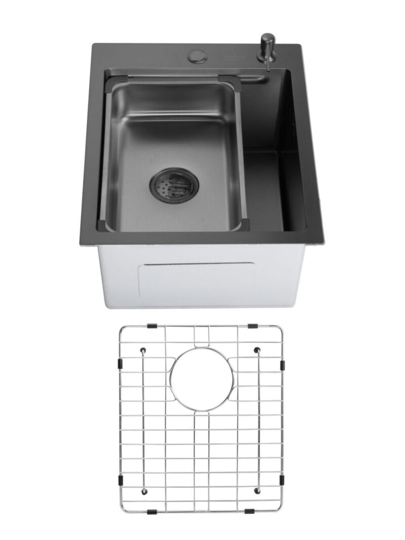 SET Chiuveta din inox SanDonna HD4050 cu tavita si dozator + gratar de protectie din inox pentru cuva - Negru