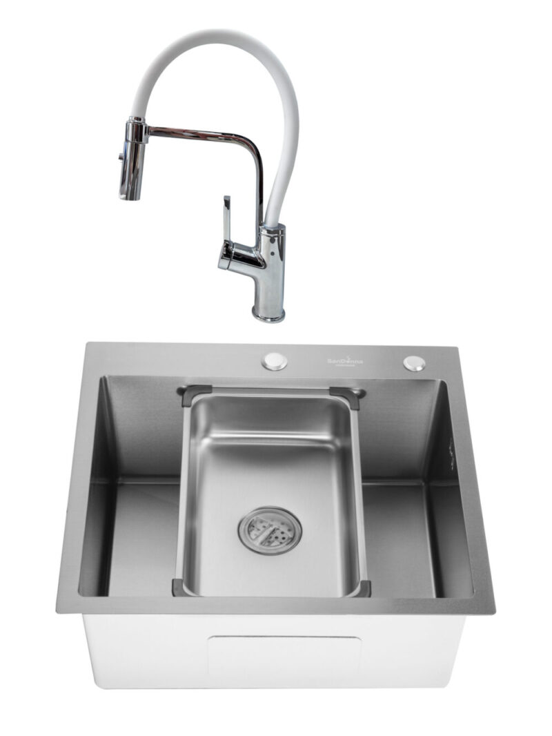 SET Chiuveta 55x50cm din inox SanDonna HD5550 cu tavita si dozator + Baterie SanDonna ANDRA cu pipa flexibila - Inox SET Chiuveta 55x50cm din inox SanDonna HD5550 cu tavita si dozator + Baterie SanDonna ANDRA cu pipa flexibila - Inox