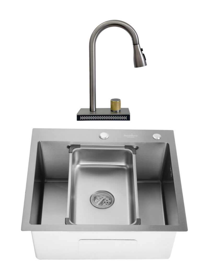 SET Chiuveta SanDonna HD5550 din inox cu tavita si dozator de sapun + Baterie SanDonna Aster multifunctionala cu casacada - Inox