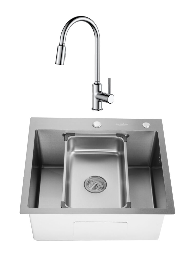 SET Chiuveta 55x50cm din inox SanDonna HD5550 cu tavita si dozator + Baterie SanDonna CAMI cu dus extractabil - Inox SET Chiuveta 55x50cm din inox SanDonna HD5550 cu tavita si dozator + Baterie SanDonna CAMI cu dus extractabil - Inox