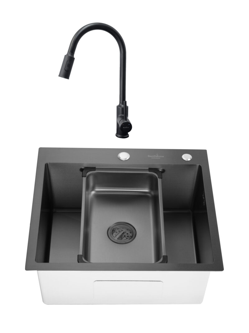 SET Chiuveta 55x50cm din inox SanDonna HD5550 cu tavita si dozator + Baterie SanDonna CAMI cu dus extractabil - Negru SET Chiuveta 55x50cm din inox SanDonna HD5550 cu tavita si dozator + Baterie SanDonna CAMI cu dus extractabil - Negru