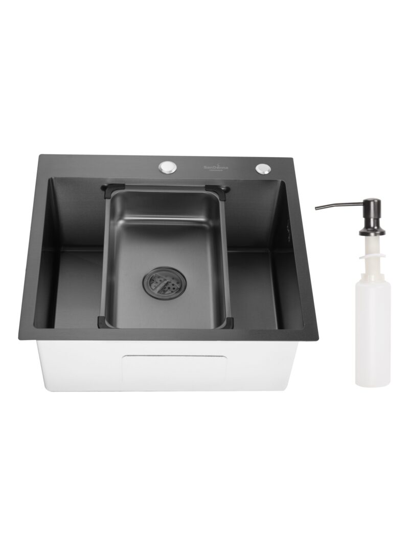 Chiuveta de bucatarie handmade Sandonna HD5550 cu tavita si dozator incluse - Negru Chiuveta de bucatarie handmade Sandonna HD5550 cu tavita si dozator incluse - Negru