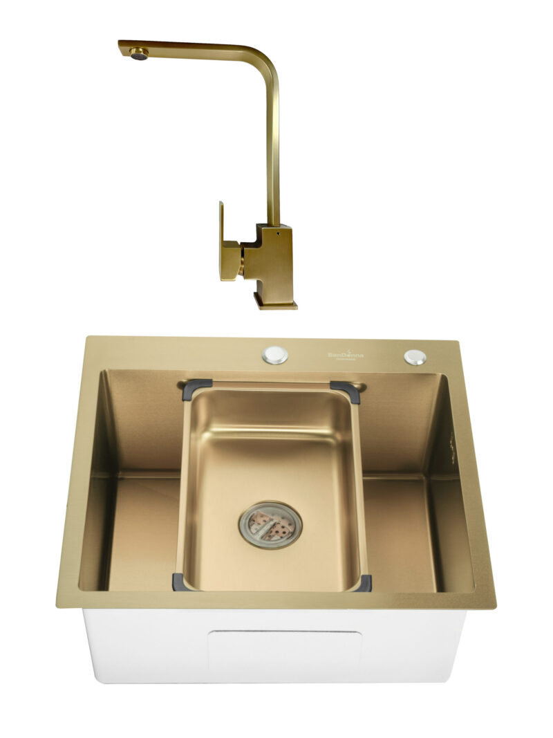 SET Chiuveta din inox SanDonna HD5550 cu dozator si tavita + Baterie pivotanta Sandonna Nera din alama - Auriu SET Chiuveta din inox SanDonna HD5550 cu dozator si tavita + Baterie pivotanta Sandonna Nera din alama - Auriu