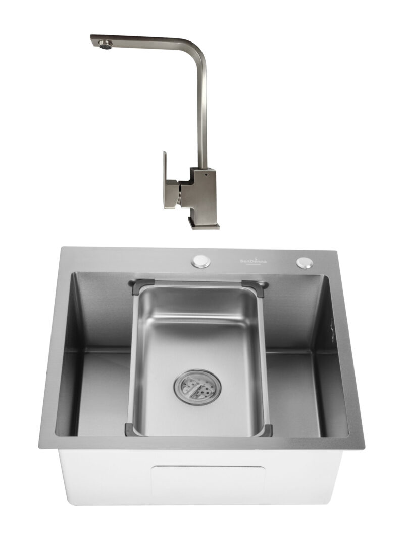 SET Chiuveta din inox SanDonna HD5550 cu dozator si tavita + Baterie pivotanta Sandonna Nera din alama - Inox SET Chiuveta din inox SanDonna HD5550 cu dozator si tavita + Baterie pivotanta Sandonna Nera din alama - Inox