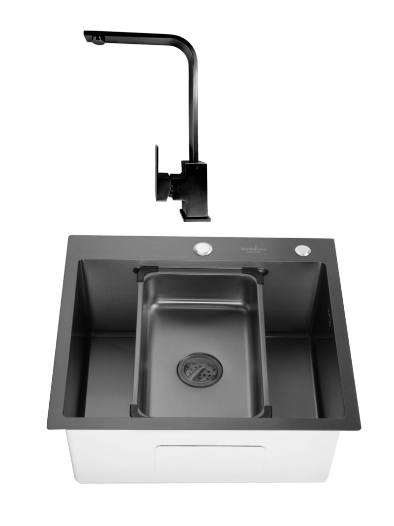 SET Chiuveta din inox SanDonna HD5550 cu dozator si tavita + Baterie pivotanta Sandonna Nera din alama - Negru SET Chiuveta din inox SanDonna HD5550 cu dozator si tavita + Baterie pivotanta Sandonna Nera din alama - Negru