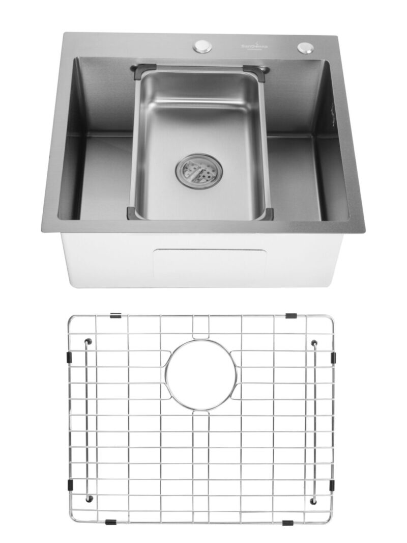 SET Chiuveta din inox SanDonna HD5550 cu tavita si dozator + gratar de protectie din inox pentru cuva - Inox